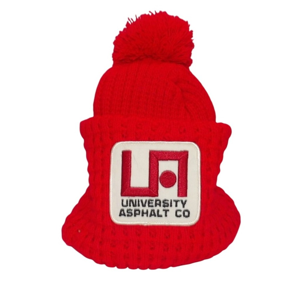Vintage University Asphalt Co Red Knit Beanie Pom Pom Trucker Hat Workwear